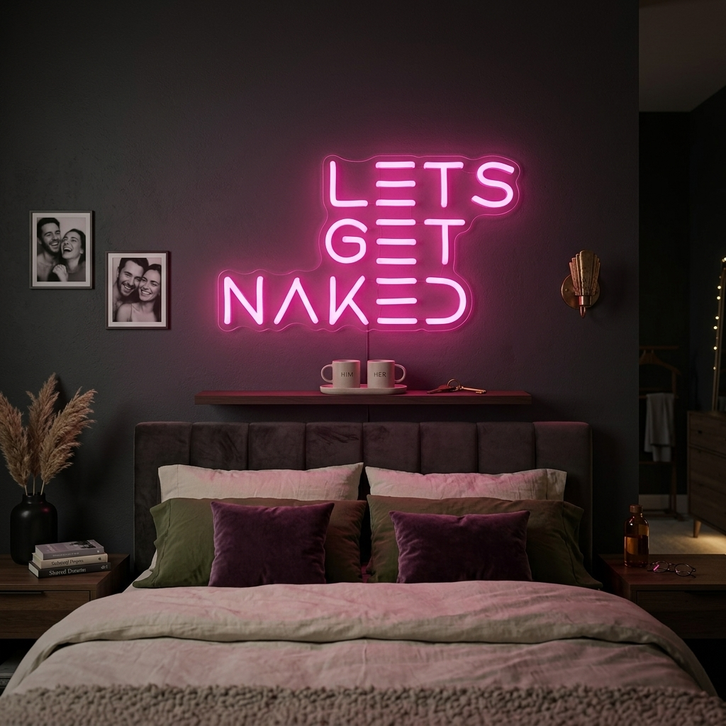 A candid shot of the "Let's Get Naked" neon sign glowing in white light, mounted on a bedroom wall above a made bed with blue and beige bedding, framed pictures, and potted plants.