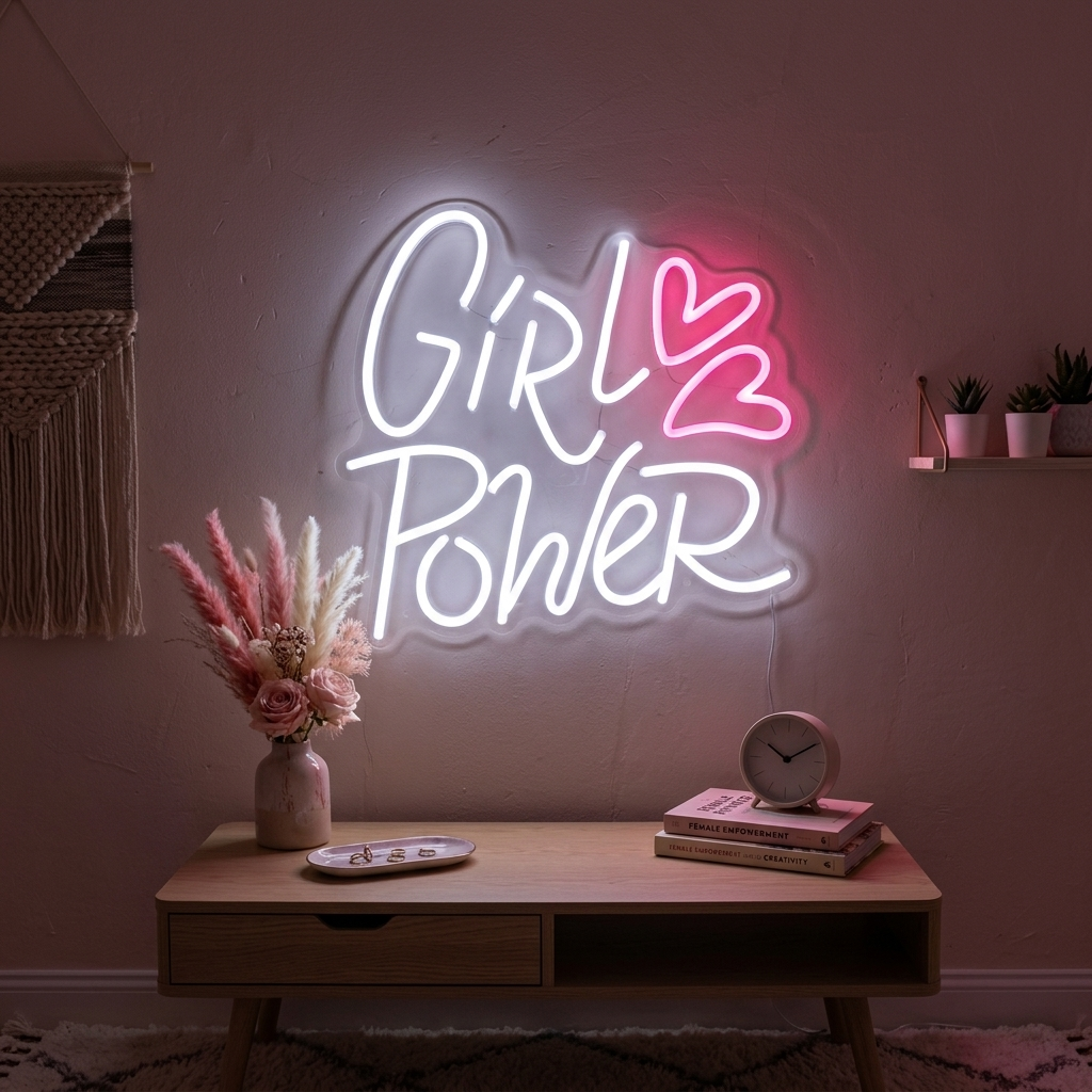 The 'Girl Power Hearts' neon sign glowing brightly with pink and white light against a slightly distressed dark wall, showcasing its physical appearance and mounting details.