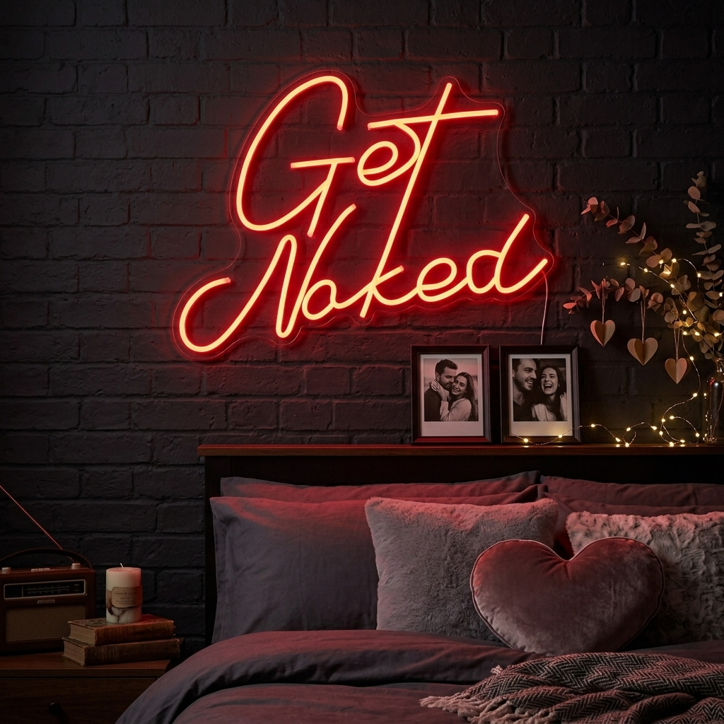 A glowing blue 'Get Naked' neon sign mounted on a textured brick wall.