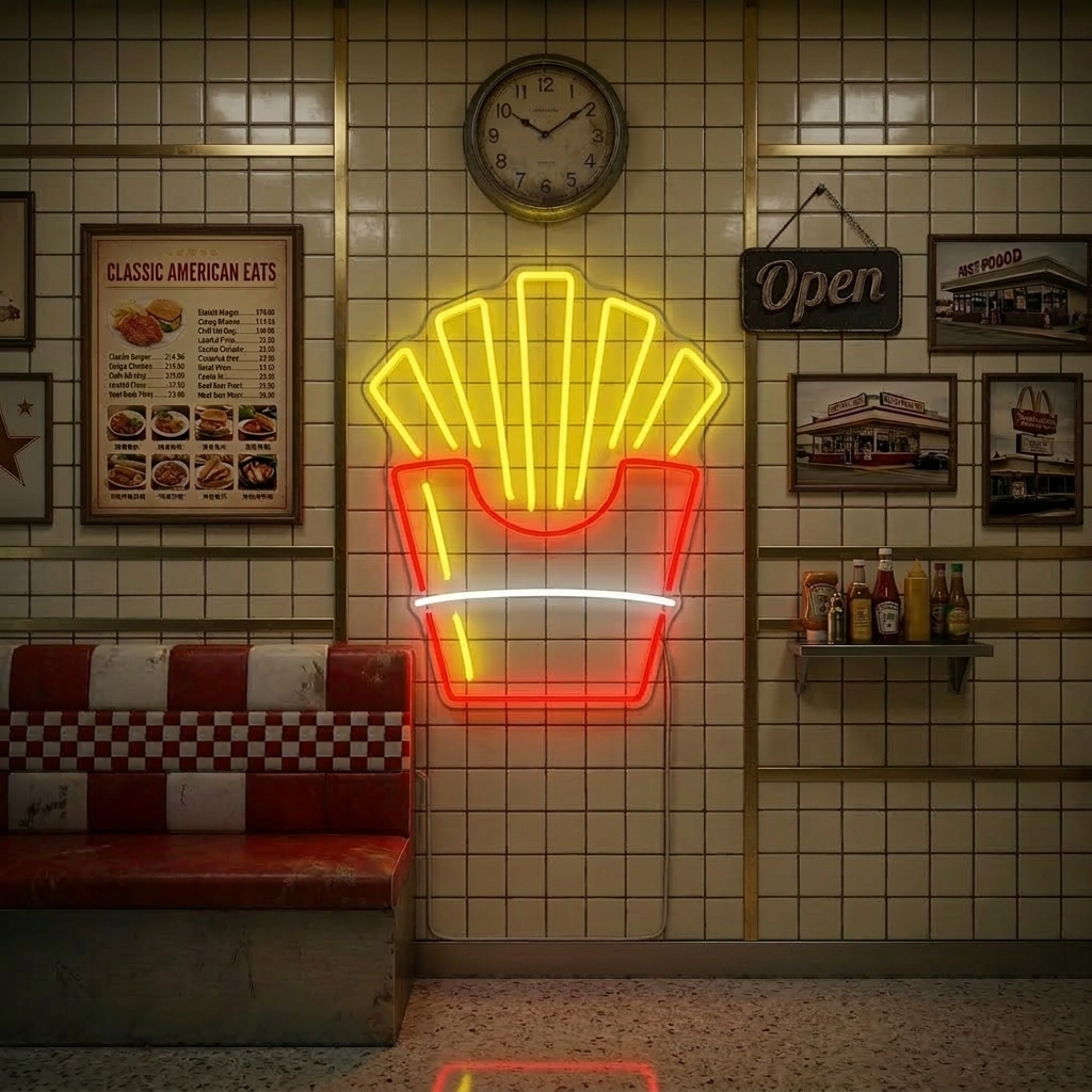 French Fried Potatoes neon sign on a restaurant wall, depicting golden fries in a paper carton with a red heart accent, glowing yellow and red against a tiled background in a diner setting.