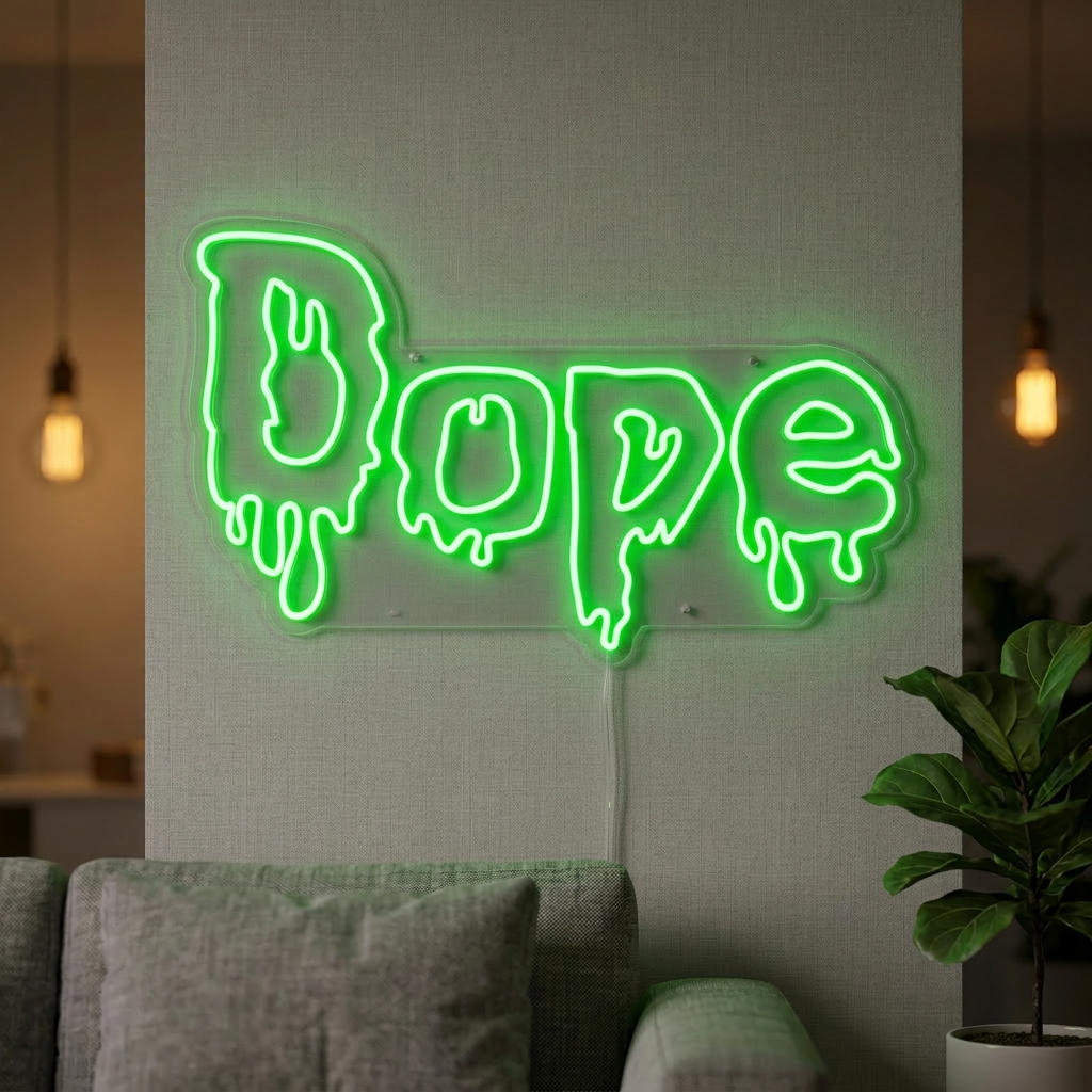 Real, physical "Dope" neon sign with marijuana leaf icon glowing pink and green, mounted on a rustic wood wall with visible mounting hardware and acrylic backing in a home interior.