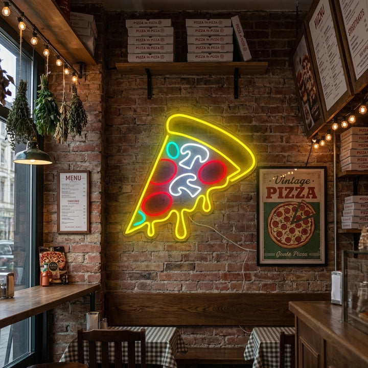 Melting pizza neon sign glowing against a brick wall in a cozy pizzeria setting