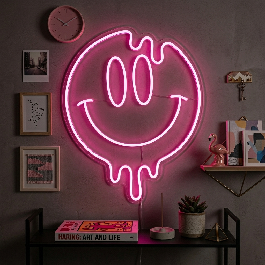 Emoji Smiley Face Dripping neon sign mounted on a brick wall in a cozy room, illuminating surrounding decor like a clock and books