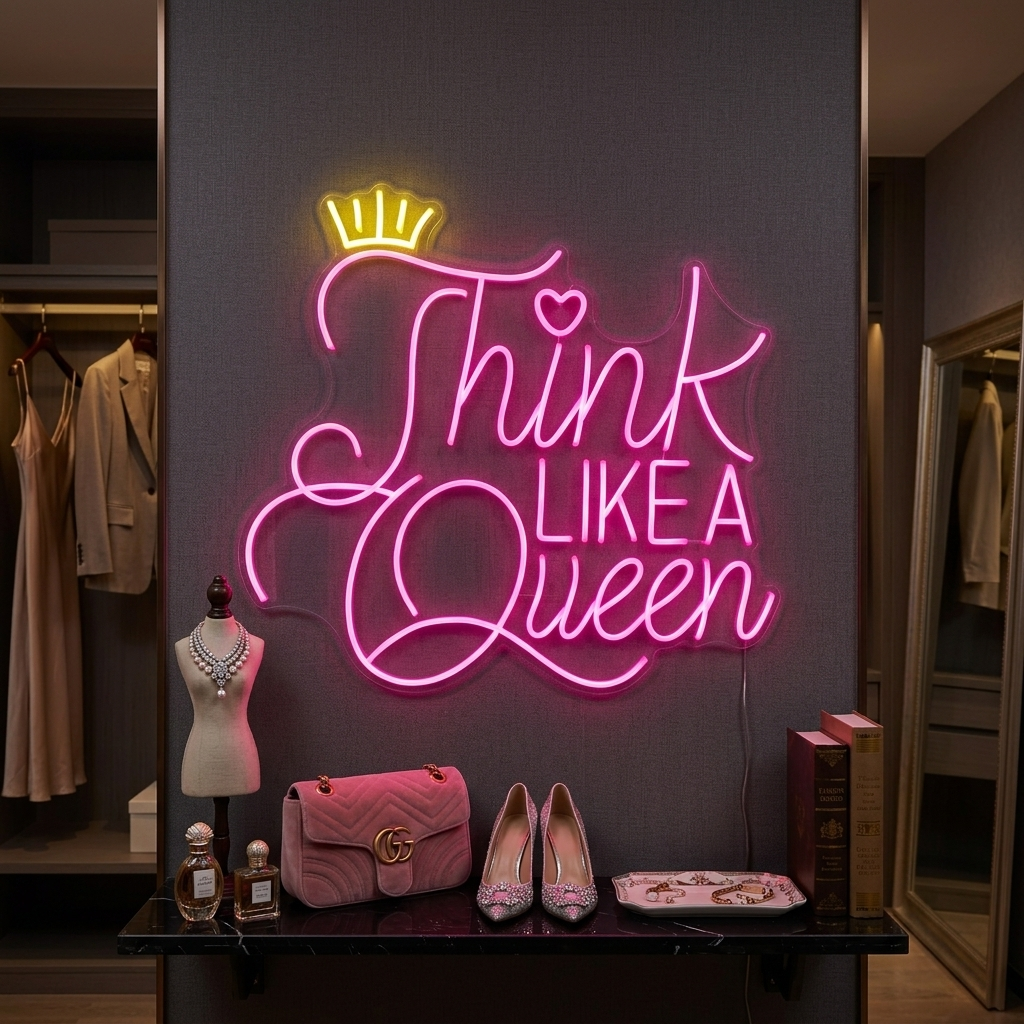 Handcrafted neon sign displaying the inspirational quote 'Think Like A Queen' mounted on an acrylic backing plate with visible wiring and power cord.