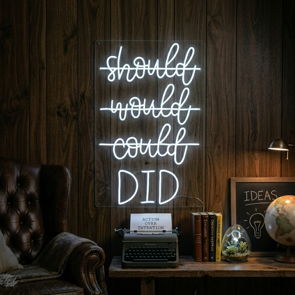 A vibrant 'Should Would Could Did' neon sign mounted on a textured wall, glowing brightly.