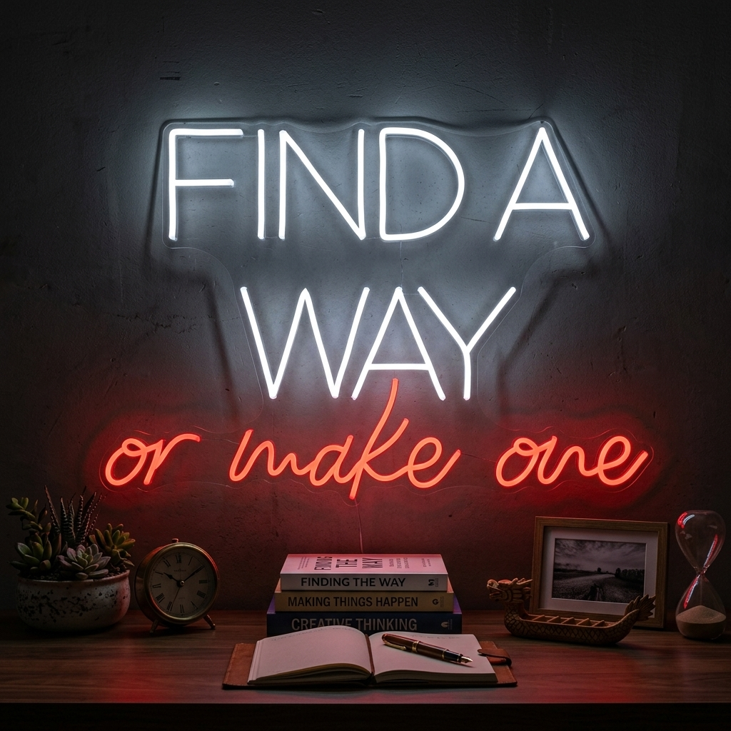 A bright pink 'Find A Way Or Make One' neon sign glows on a textured gray wall above a stack of motivational books in a modern home office setting.