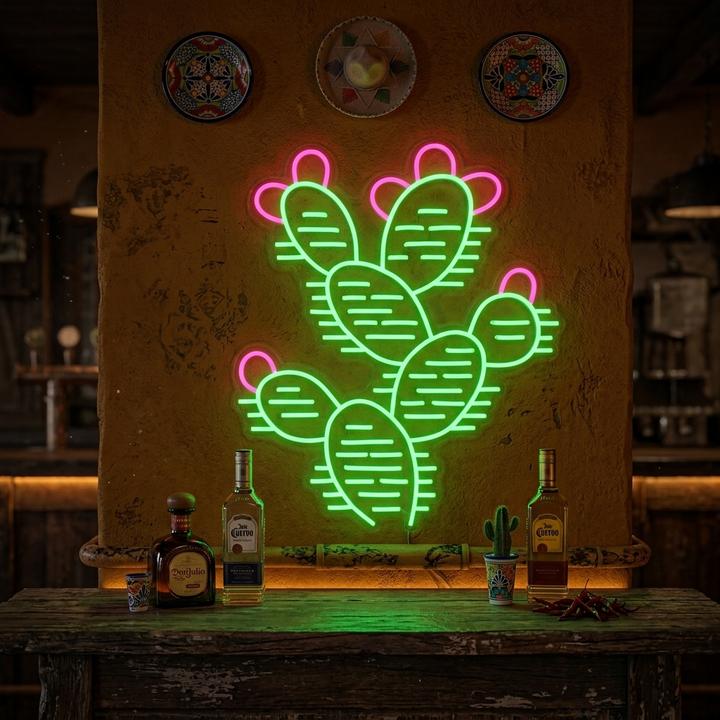 A glowing green cactus neon sign with a traditional design, illuminated against a slightly distressed dark teal brick wall.