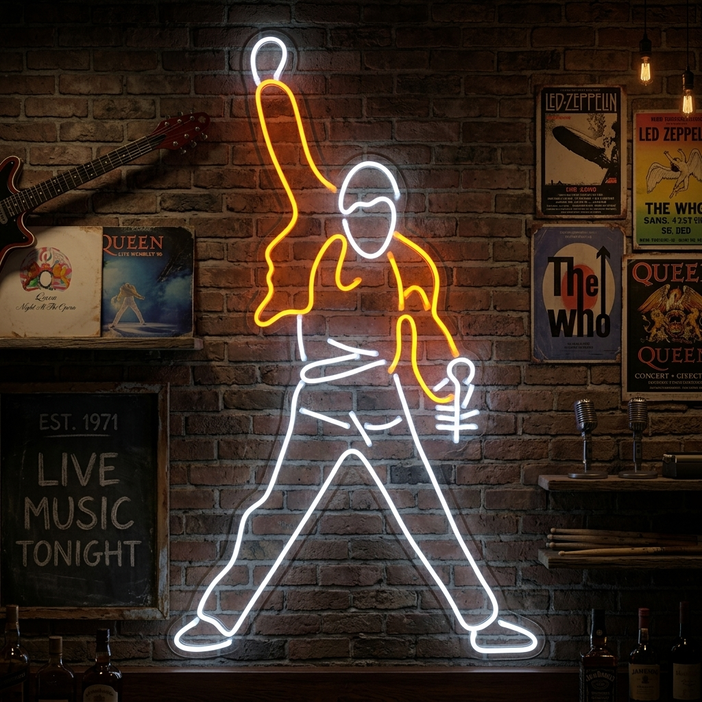 A vibrant, stylized neon wall sign depicting a man singing with passion, glowing brightly in an atmospheric rock bar setting with instruments in the background.