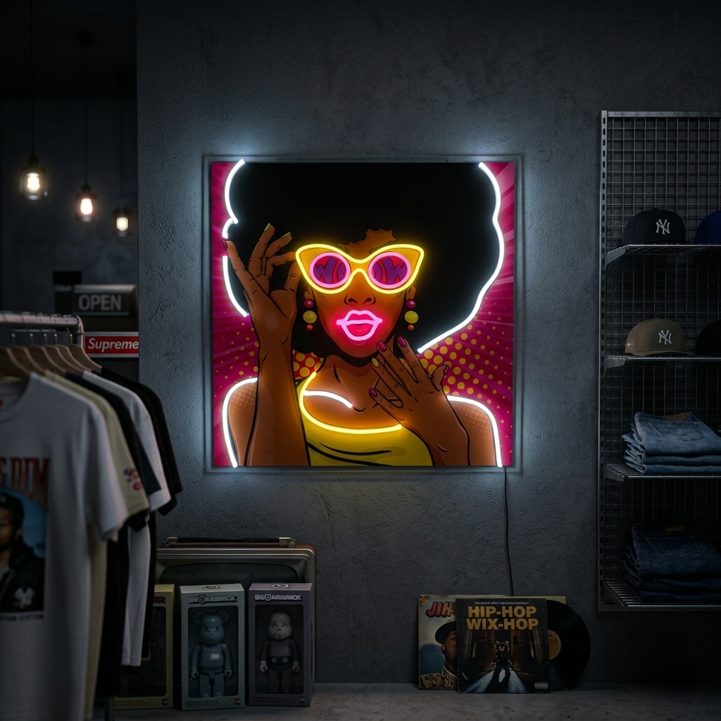 50's African American Girl Pop Art LED neon sign showing a stylized woman with yellow headband and large earrings against a brick wall.