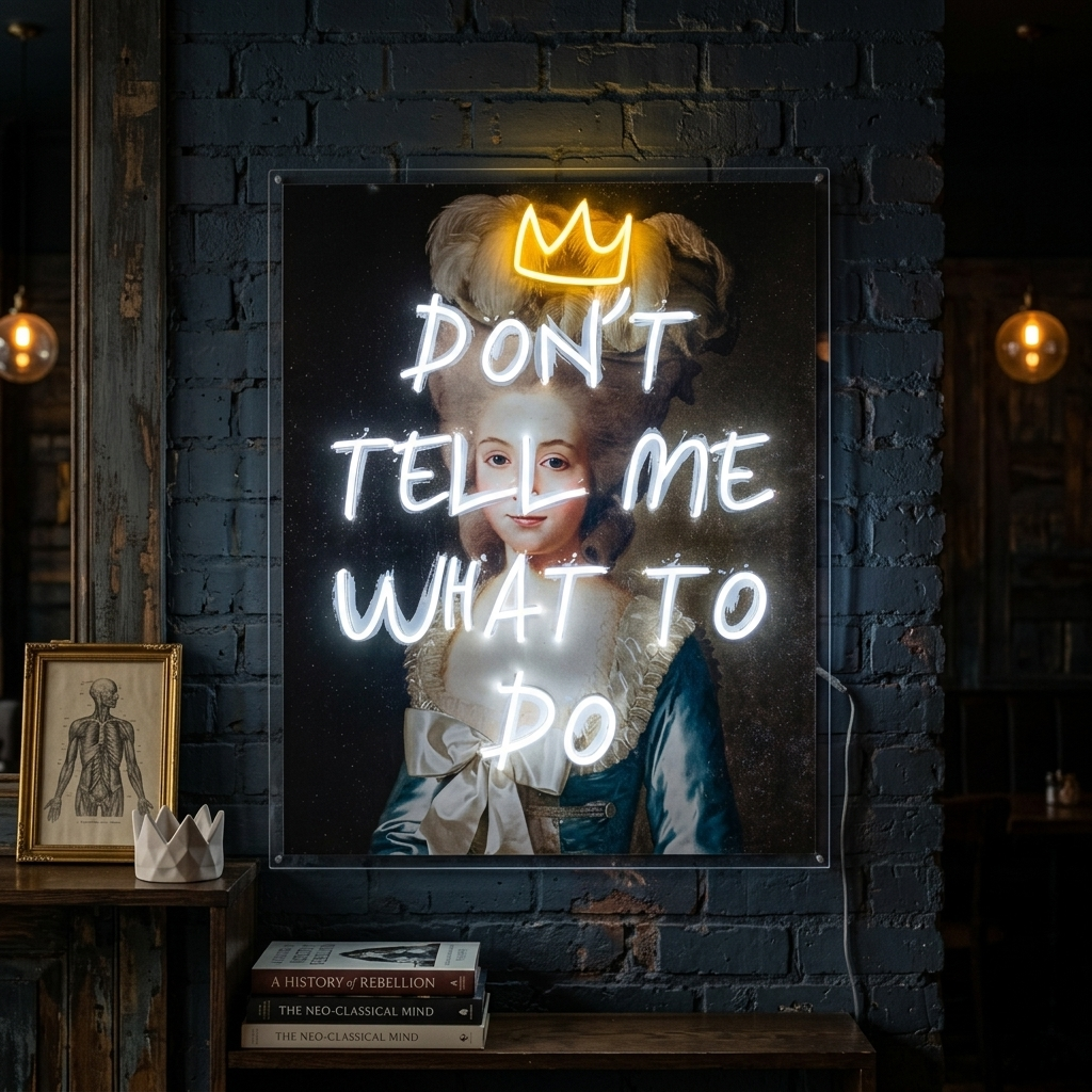 A physical neon sign with the text "Don't Tell Me What To Do" glowing brightly, mounted with visible hardware.