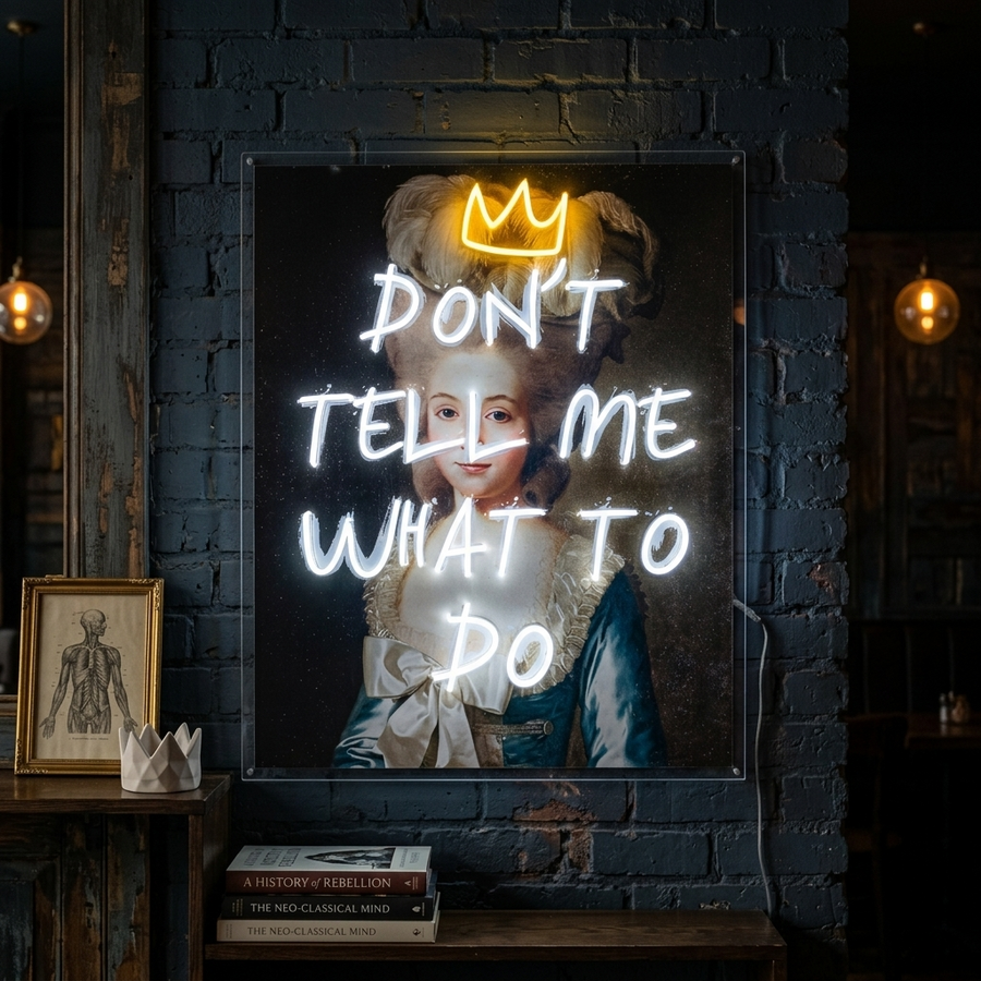 A physical neon sign with the text "Don't Tell Me What To Do" glowing brightly, mounted with visible hardware.