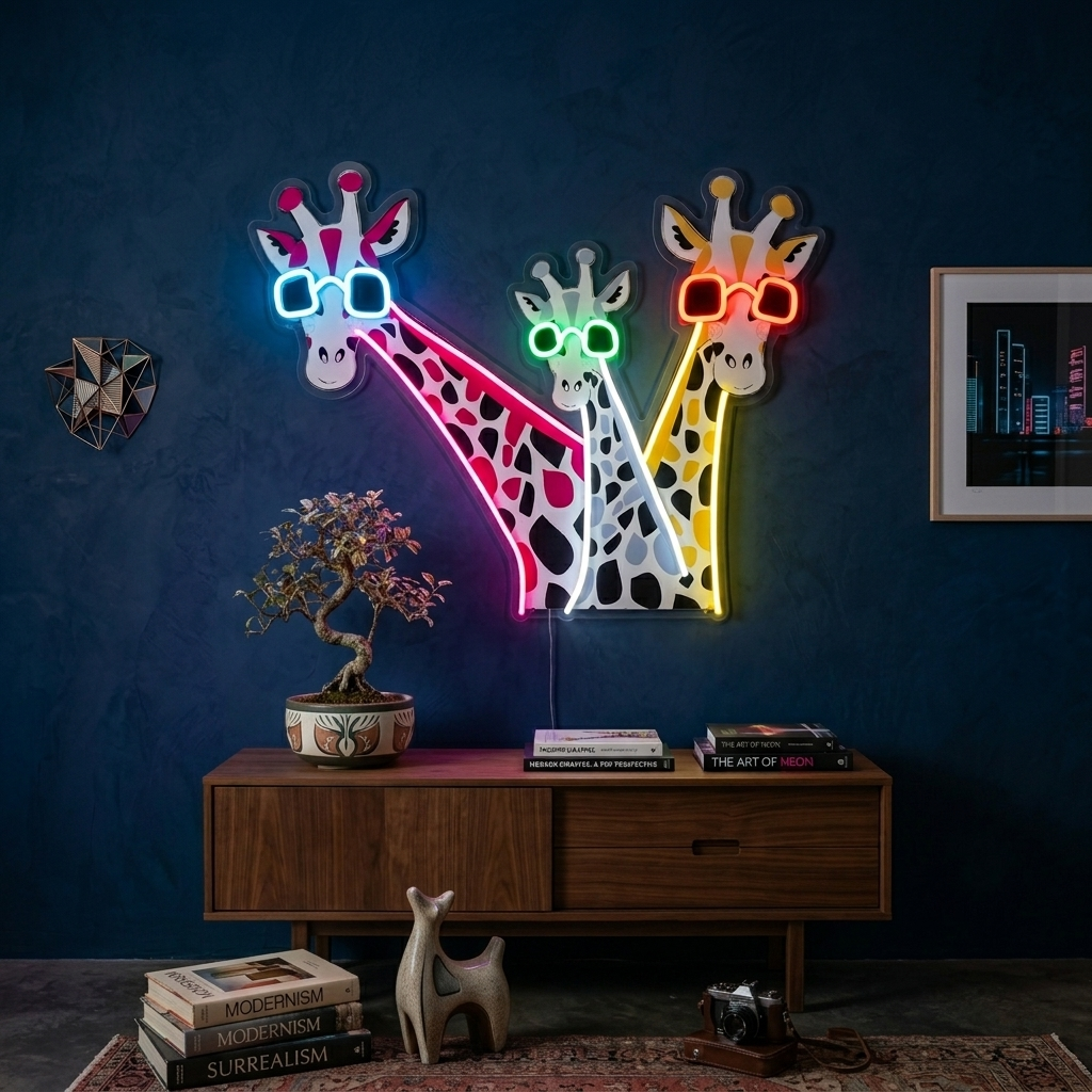 UV printed neon sign depicting two smiling giraffes with patterned skin and colorful sunglasses on a clear acrylic backing.