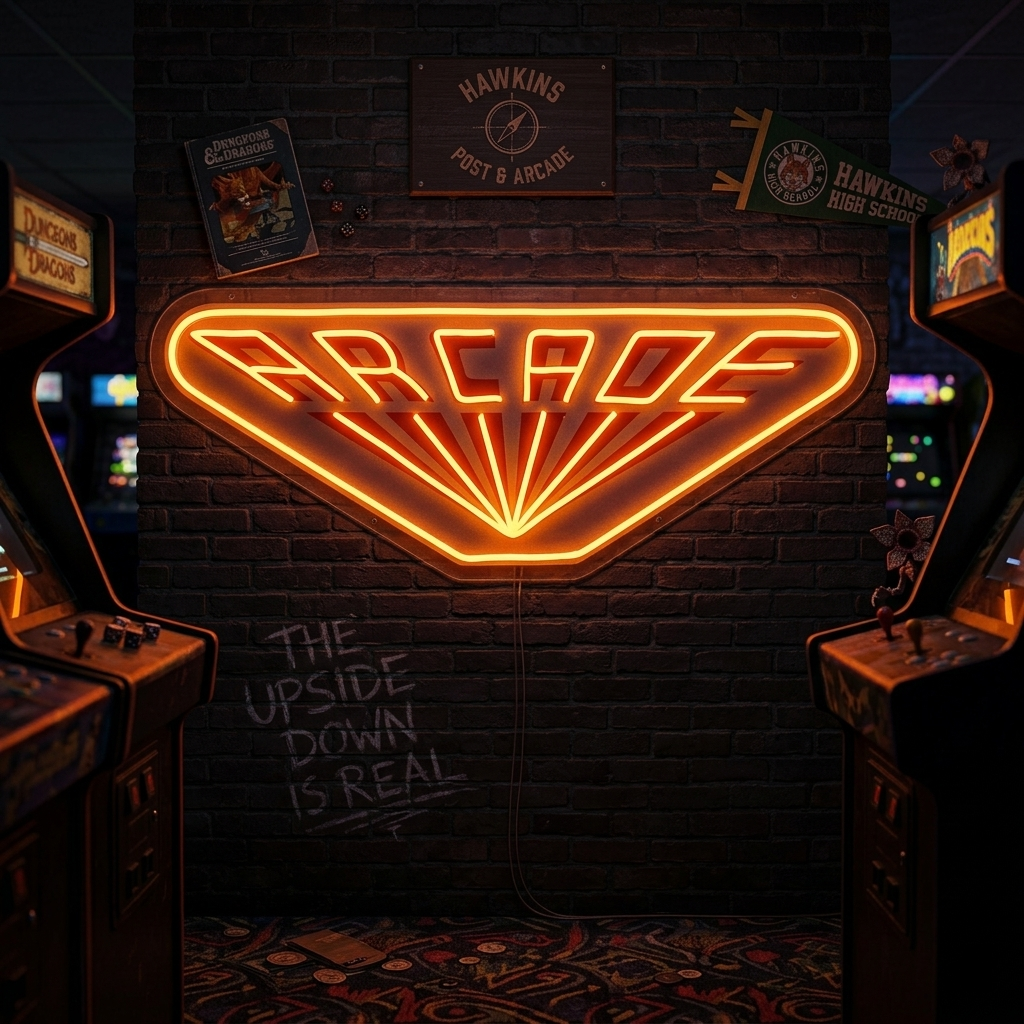 A detailed view of a UV printed 'Stranger Things' inspired neon sign set within a retro-themed arcade environment.