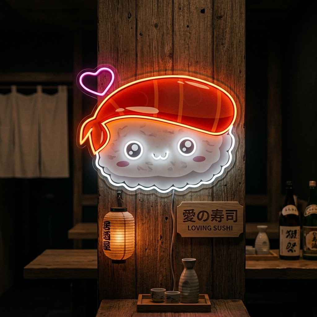 Kawaii Sushi neon sign with winking sushi character and text glowing on a wall in a Japanese restaurant setting.