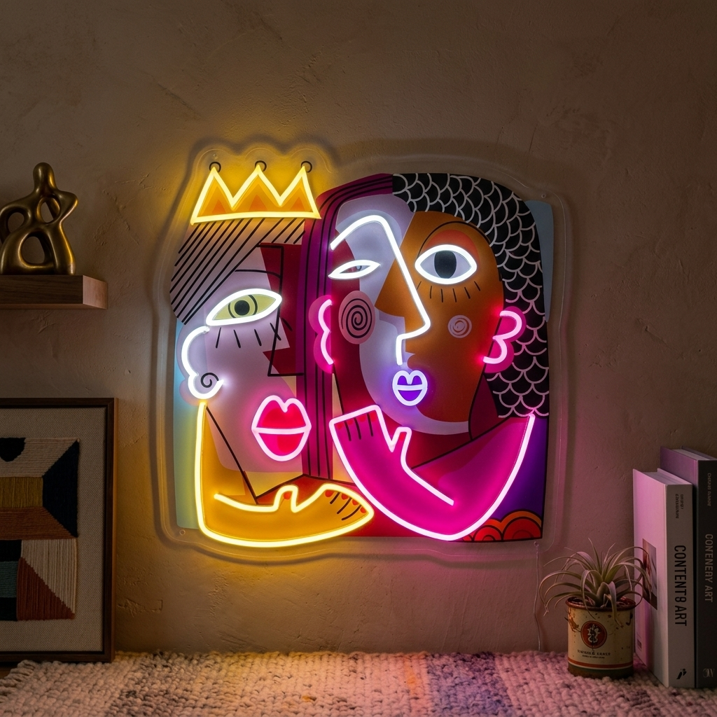 A close-up photograph of a mounted 'Man and Woman' UV print neon sign, featuring pop art graphics and glowing neon tubes against a textured wall with furniture in the background.