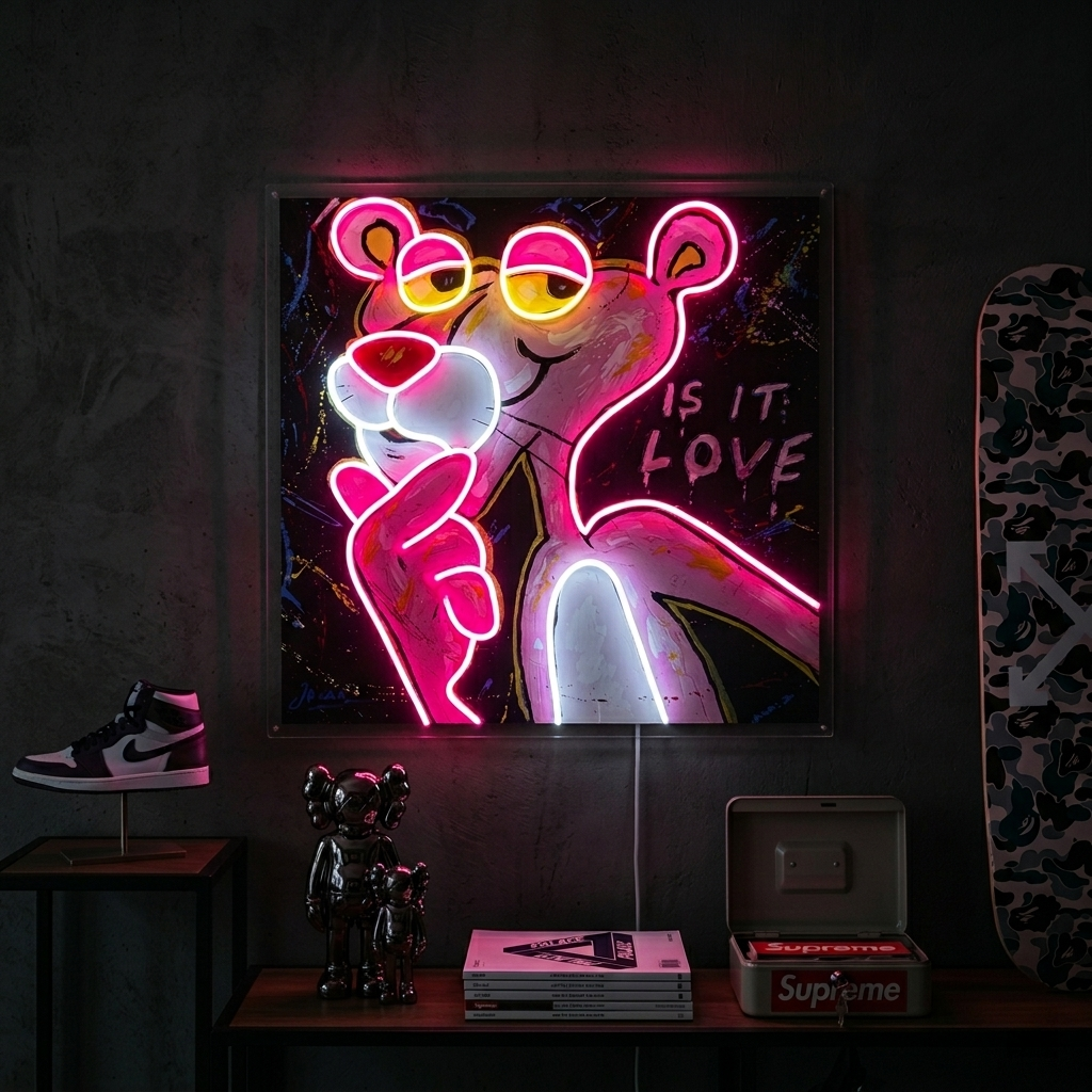 A physical photograph showing the "Pink Think Panther, Is It Love" UV print neon sign glowing on a textured bedroom wall above a console table.