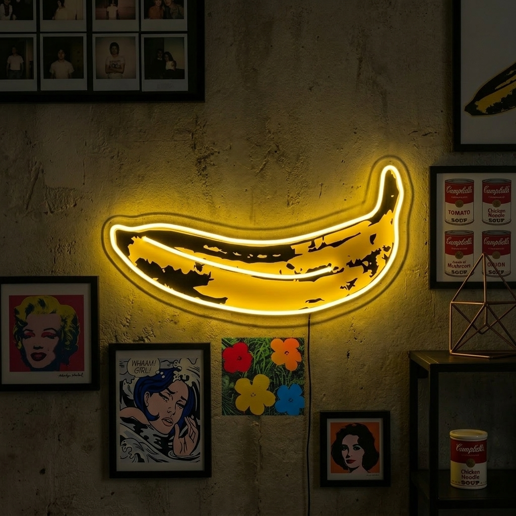 Detailed Pop Art Banana neon sign with yellow and black UV printed design and bright yellow neon tubing on a clear acrylic backing, displayed on a gallery wall with various framed prints.