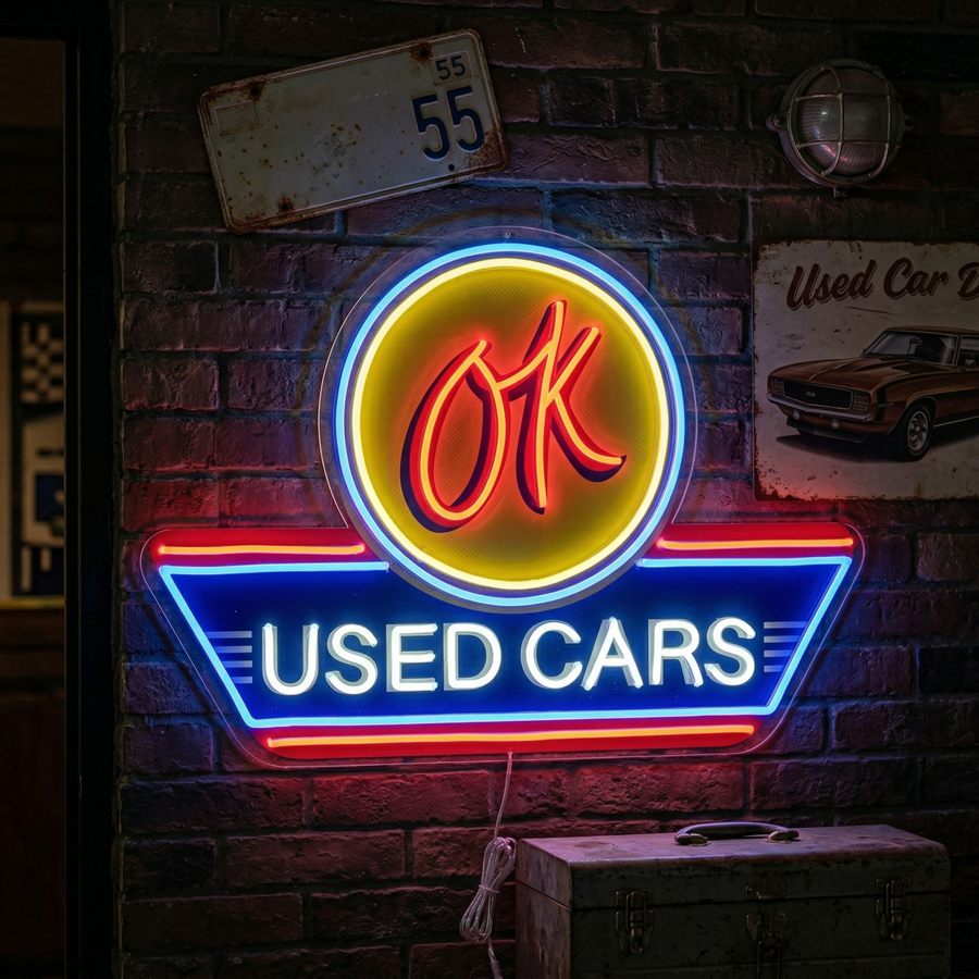 Used Cars and Auto Service neon sign glowing on a textured brick wall in a garage setting