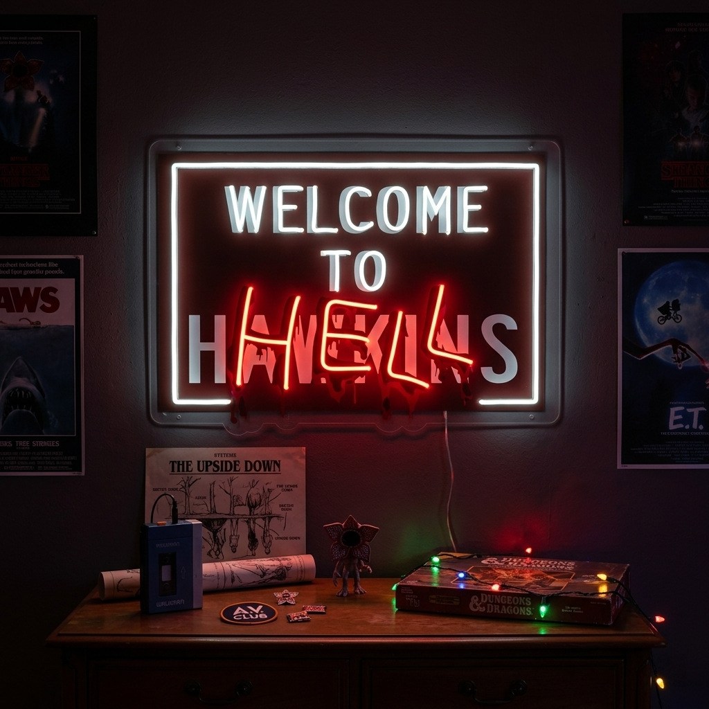 A physical UV print neon sign displaying 'Welcome To Hell' in glowing red text over 'HAWKINS' branding, hanging on a wall next to Stranger Things collectibles and memorabilia.