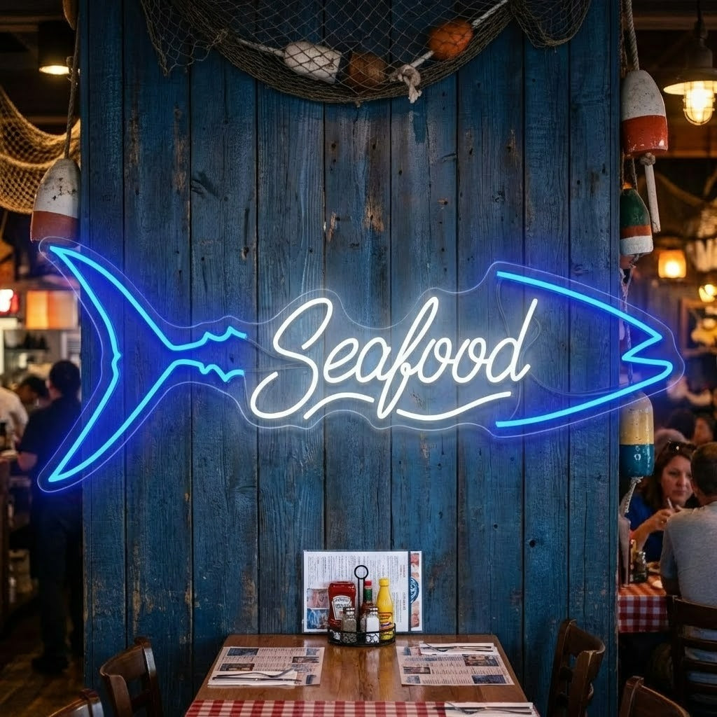 A glowing red and yellow neon sign featuring the words Fish And Seafood alongside illustrations of fish and a lobster, mounted on a wall in a restaurant setting.