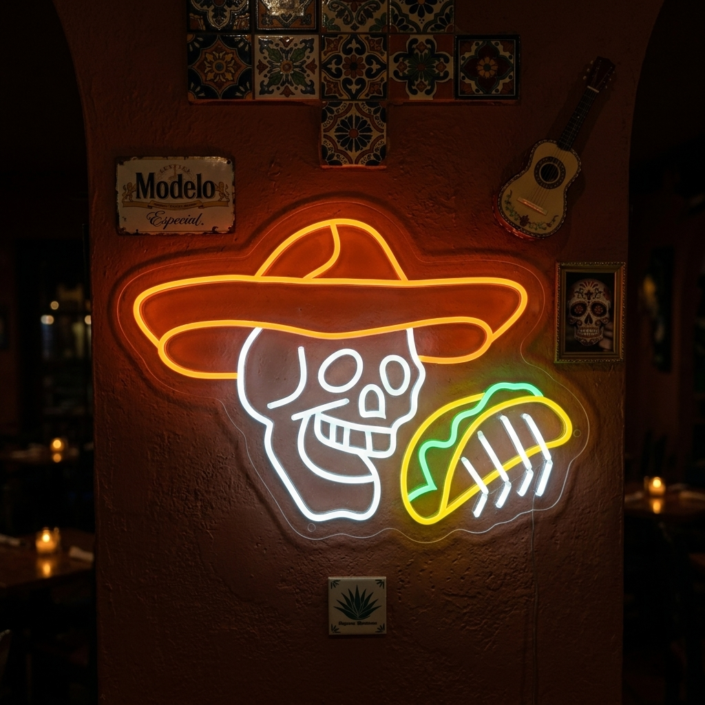 A physical neon sign showing a skull holding two tacos, mounted on an acrylic backing in a restaurant setting with a brick wall.