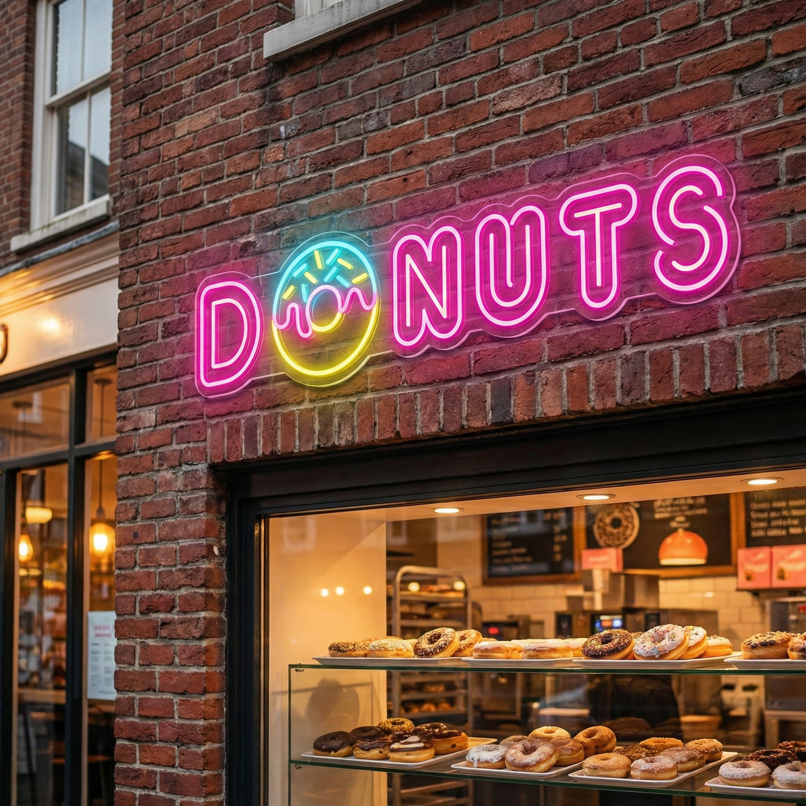 A hand-fabricated pink neon sign spelling "DONUTS" glowing on a textured brick wall above a display of assorted donuts.