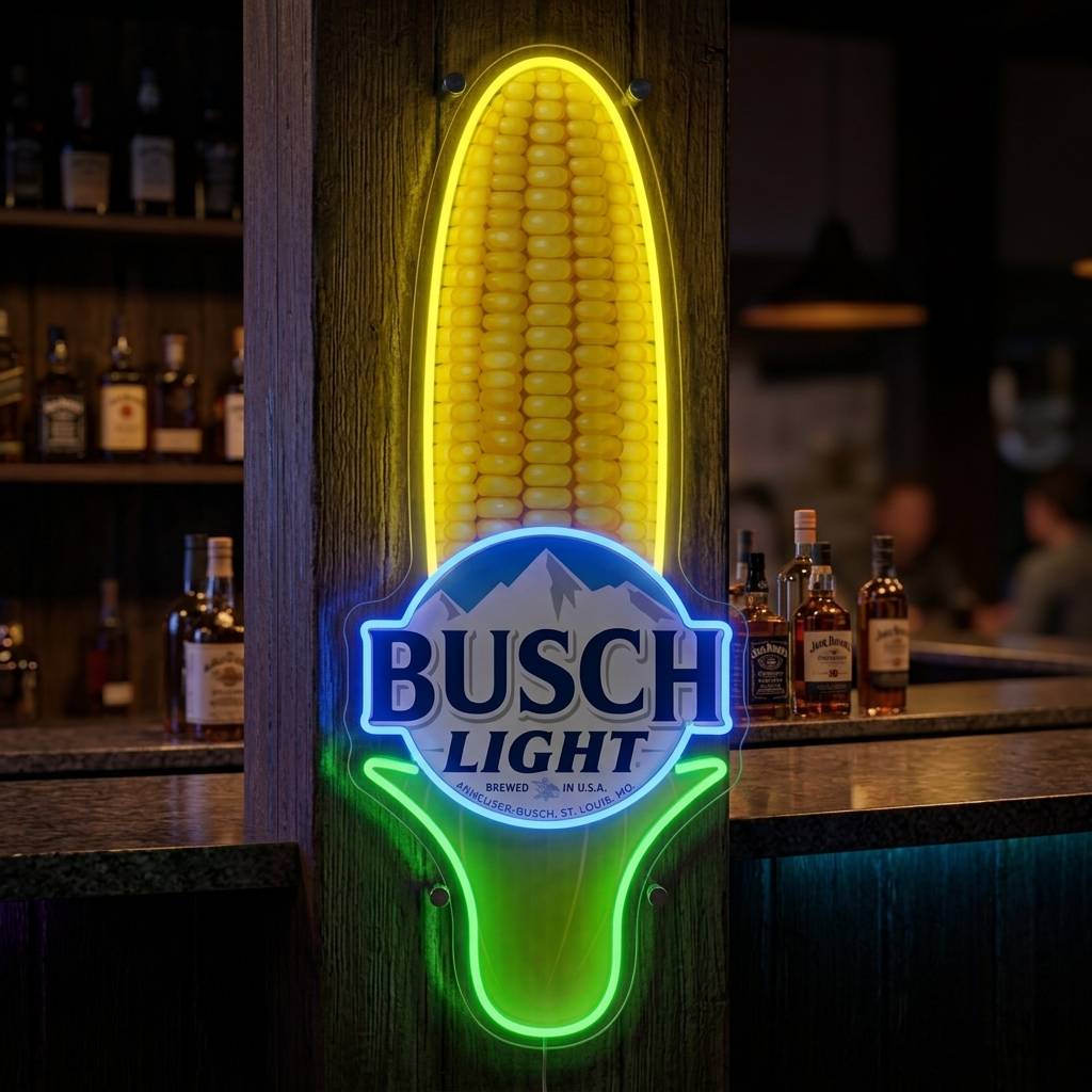 A close-up photograph of a physical 'Corn Beer Logo' neon sign with intricate details, showing the dimensional quality and vibrant glow on a brick wall.
