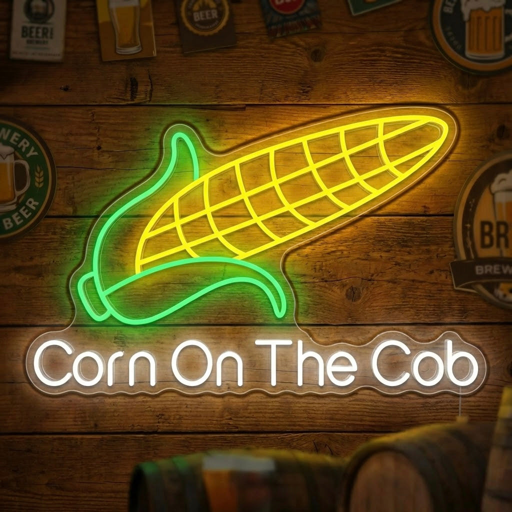 A glowing yellow and green neon sign depicting a corn on the cob, displayed above a bar area with barrel tables.