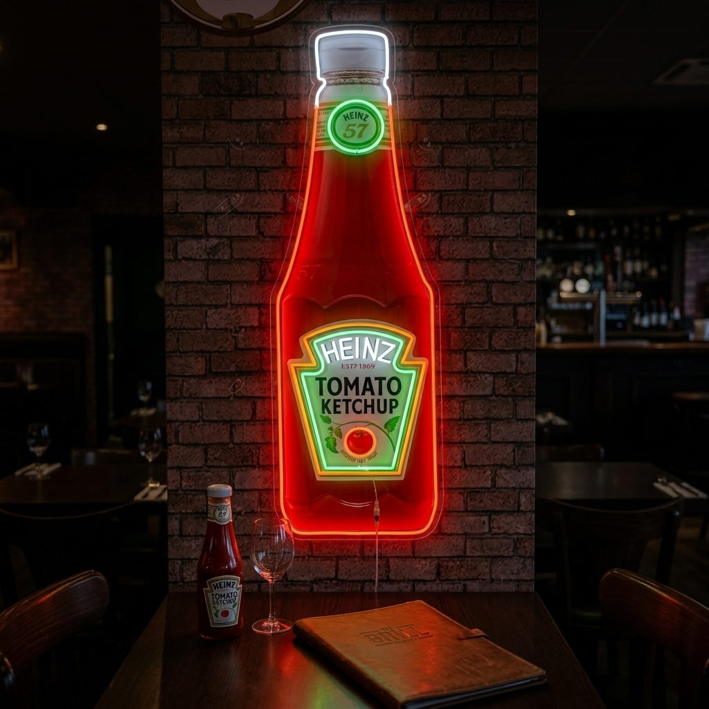 Graphic design rendering of a glowing red and white Tomato Ketchup Bottle neon sign on a blurred brick bar background.