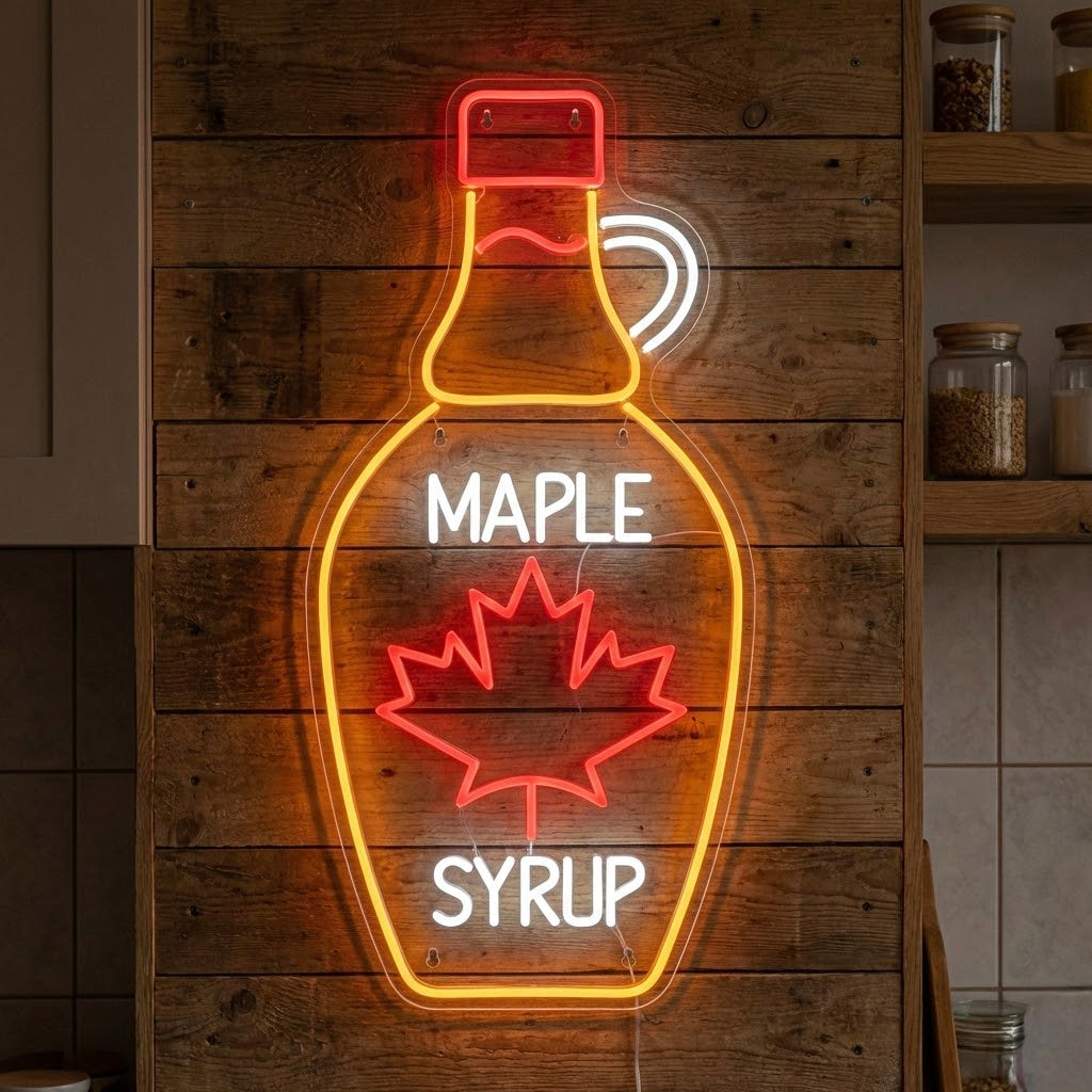 A vibrant neon sign meticulously shaped into a classic glass bottle, glowing bright amber with clear outlines, mounted on a textured brick wall.
