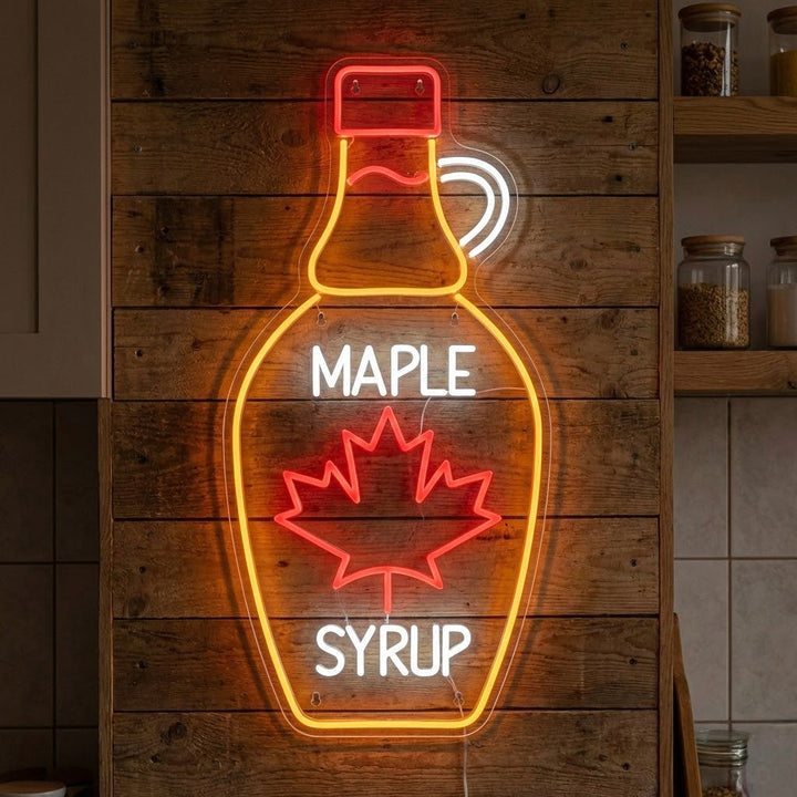 A vibrant neon sign meticulously shaped into a classic glass bottle, glowing bright amber with clear outlines, mounted on a textured brick wall.