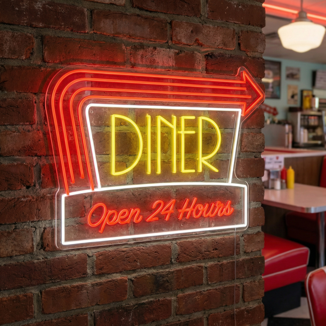 Diner Open 24 Hours neon sign with vintage style lettering on a transparent backboard, featuring red and blue neon tubes against a blurred background.