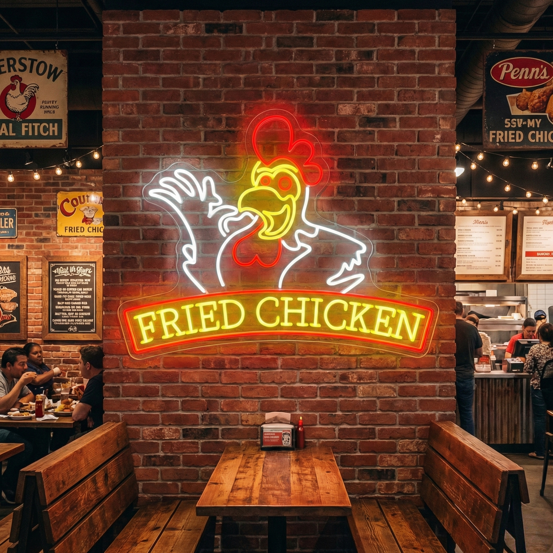 A close-up photograph of a glowing red neon sign that spells out 'FRIED CHICKEN' in all caps, displayed on a wall inside a bustling restaurant setting.