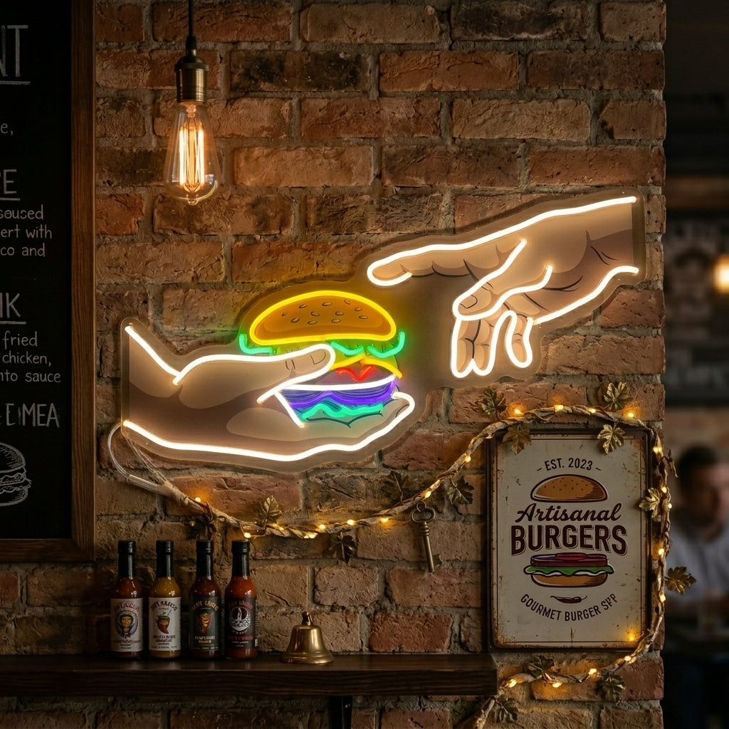 A close-up photograph of a glowing red and yellow neon sign on a clear acrylic backing, depicting two hands presenting a large burger, mounted on a rustic wood plank wall with natural light.