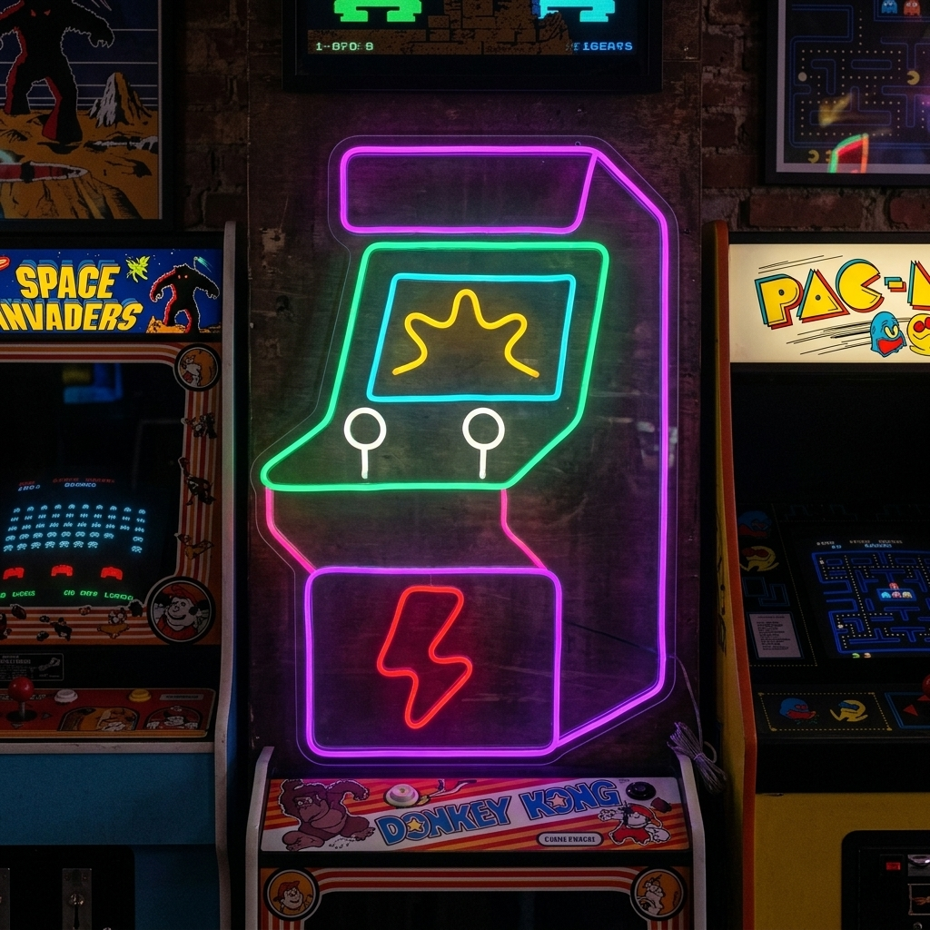 Vibrant pink and blue neon sign depicting a classic arcade machine game, mounted on a clear acrylic backing against a dark background featuring other arcade cabinets and posters.