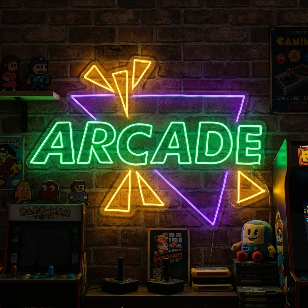 Glowing blue retro 'Arcade' neon sign in stylized font mounted in a brightly lit game room with blurred cabinets