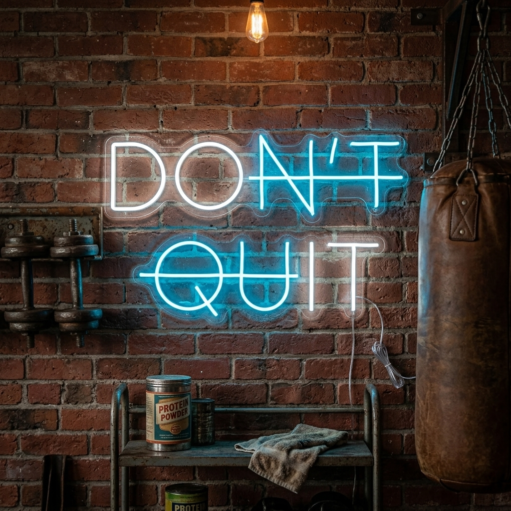 A close-up photograph of a lit 'Don't Quit Do It' neon sign displaying the text clearly, mounted on a rustic stone wall in a dimly lit, active gym setting, casting a blue glow.