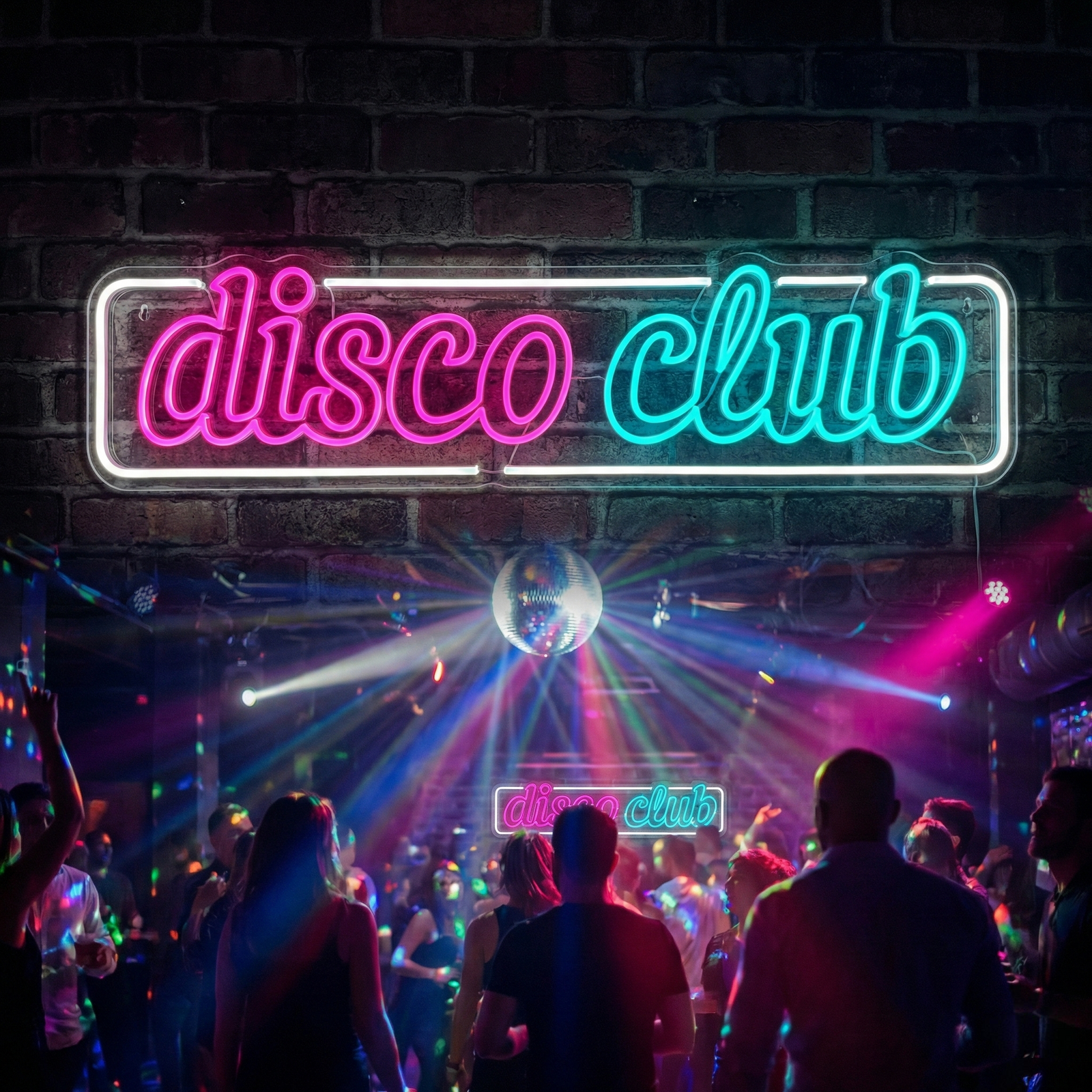A graphic representation of the 'Disco Club' neon sign with stylized text in pink, blue, and purple set against a dark, energetic dance club background.