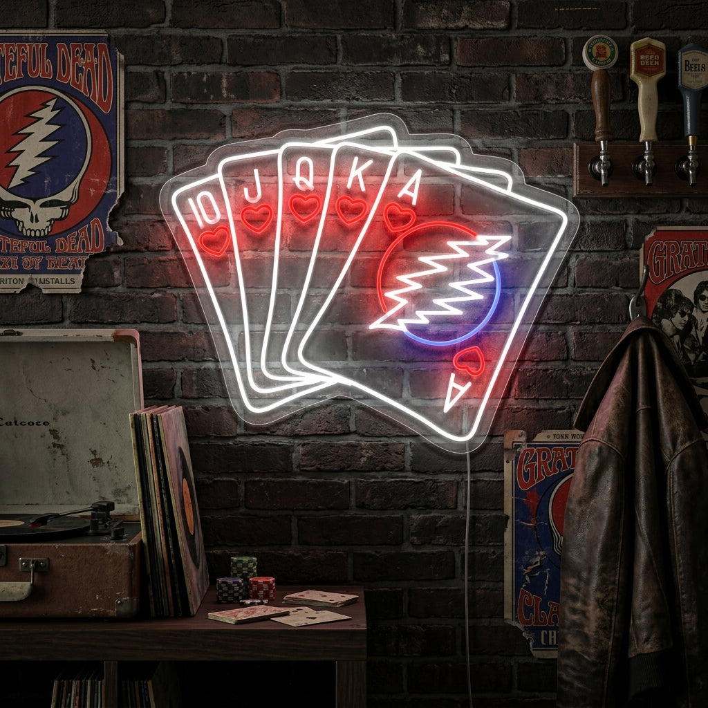 A vibrant neon sign on a wall featuring a Royal Flush hand alongside the iconic Grateful Dead logo, illuminating a stylized room.