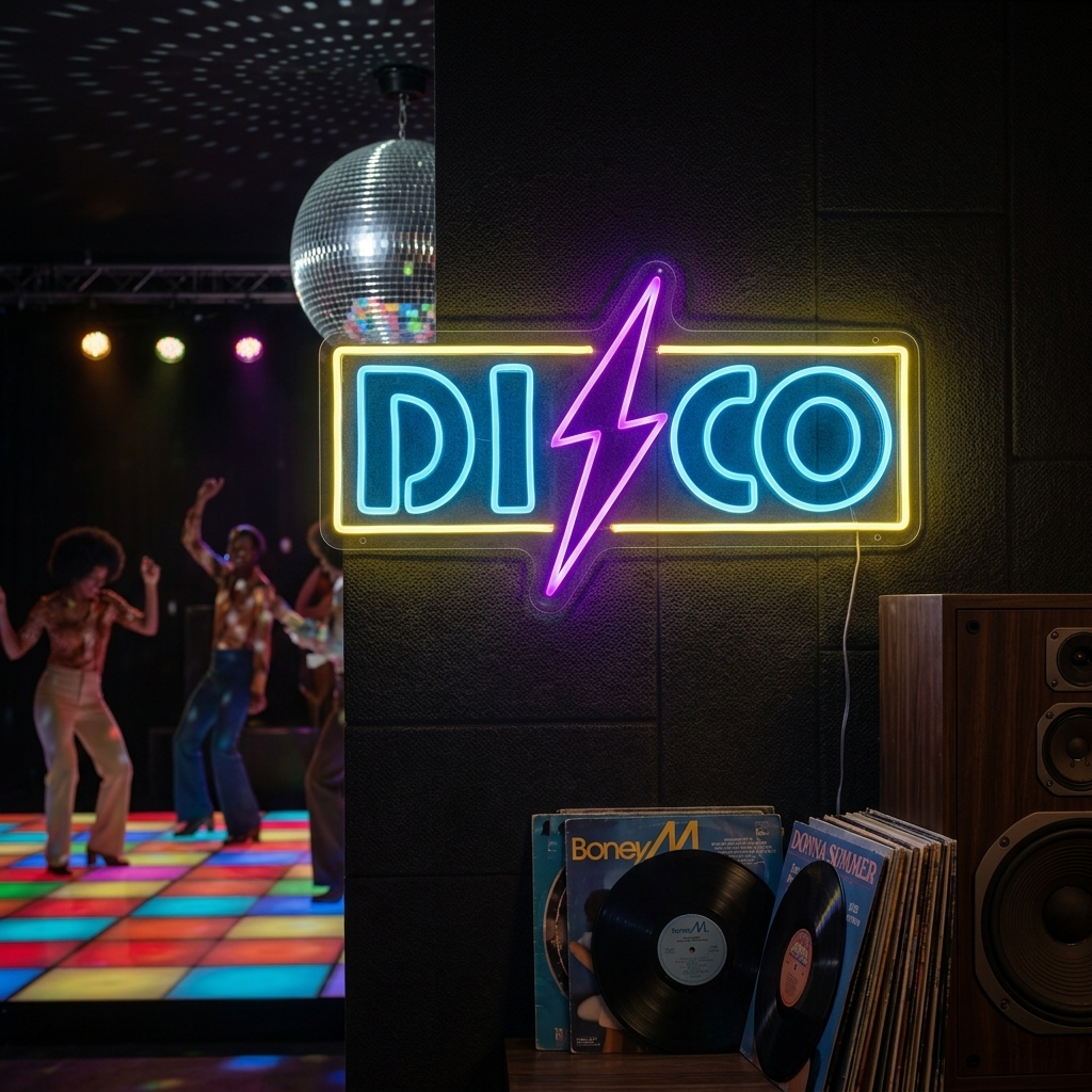 Vibrant glowing 'Disco' neon sign on a textured dark wall, illustrating the retro energy and atmosphere.
