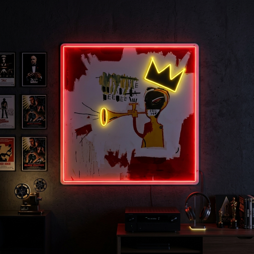A vibrant neon wall sign depicting a stylized figure playing a trumpet, set against a dark, texture background with movie memorabilia like a camera and records.