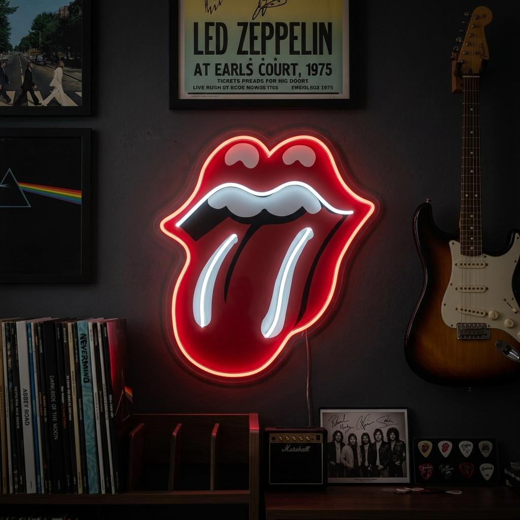 A glowing Rolling Stones 'tongue and lips' neon sign displayed prominently on a rustic brick wall in a music-themed room surrounded by vintage records and instruments.