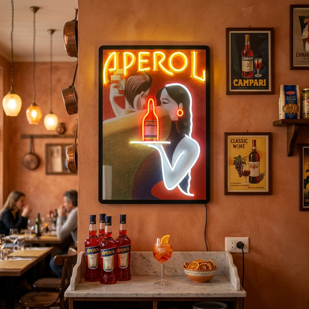Retro Aperol poster design UV printed on acrylic with glowing neon accents, mounted on a textured blue wall in a modern living space.