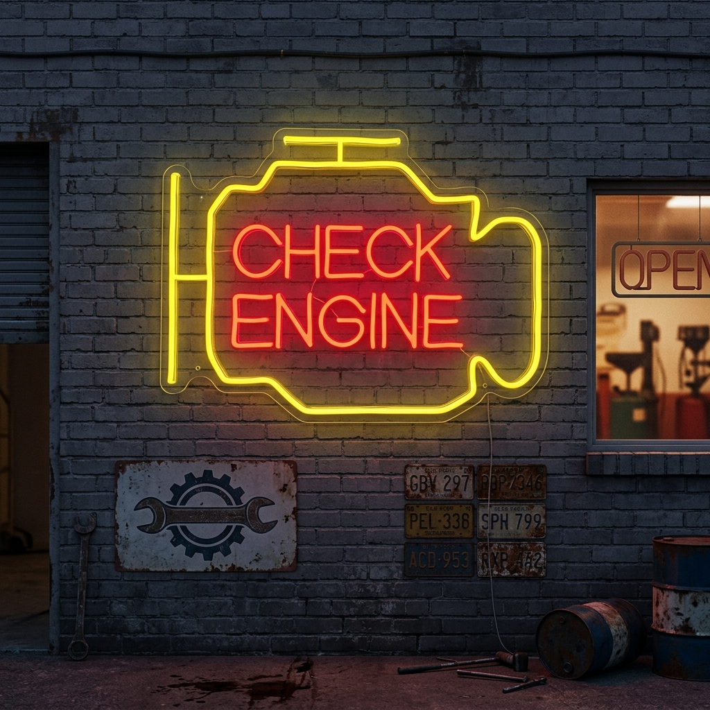 A close-up photograph of an amber 'Check Engine' neon sign with an outline of a car engine glowing against a dark, textured garage wall.