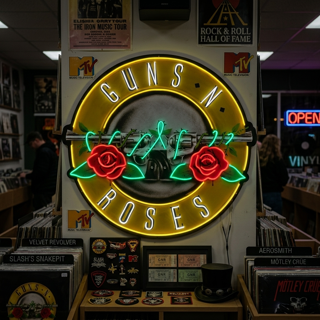 Guns N' Roses neon sign displaying the band's roses and revolvers logo glowing in yellow, red, and blue colors, hanging on a wall in a record store filled with vinyl and posters.