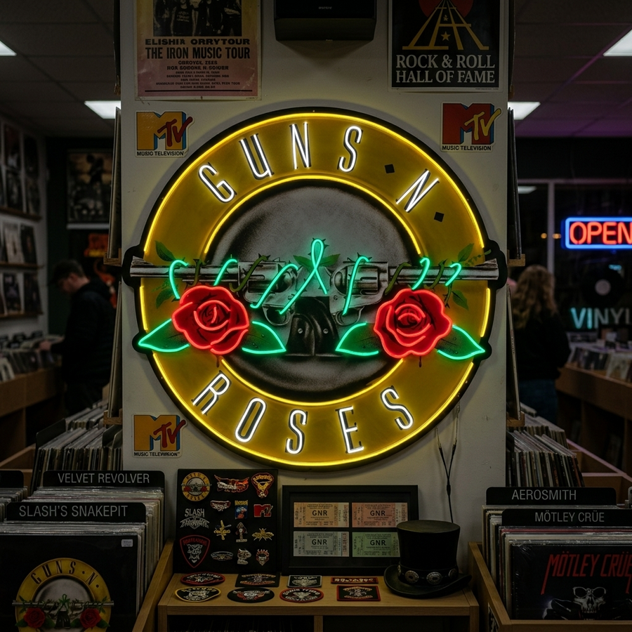 Guns N' Roses neon sign displaying the band's roses and revolvers logo glowing in yellow, red, and blue colors, hanging on a wall in a record store filled with vinyl and posters.