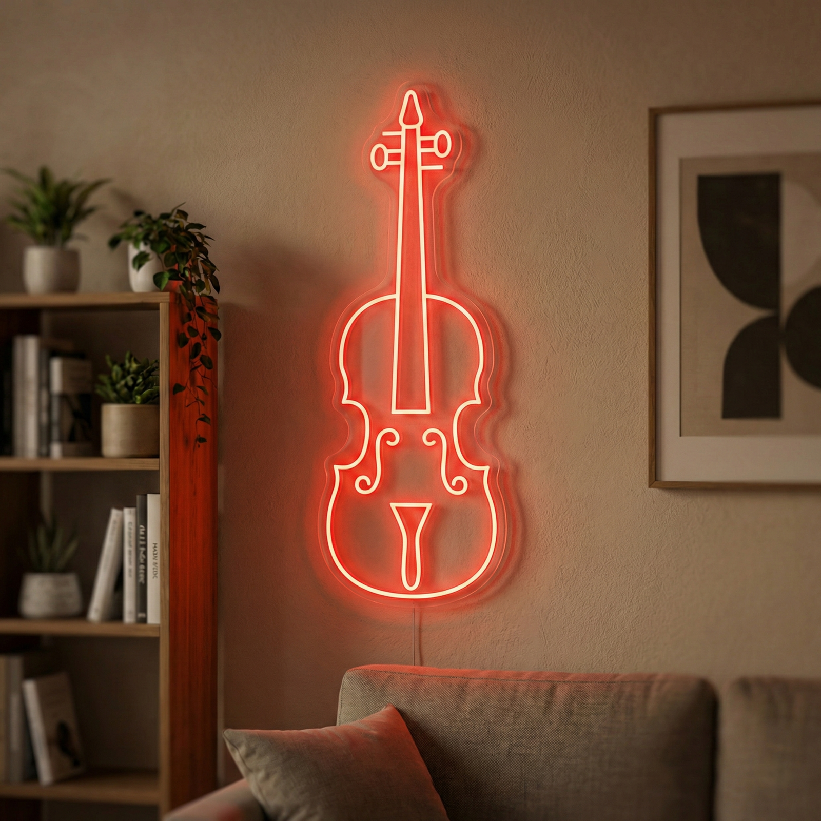 A glowing blue neon sign depicting a violin mounted on a clear acrylic background, casting light on a white brick wall and wooden shelves.