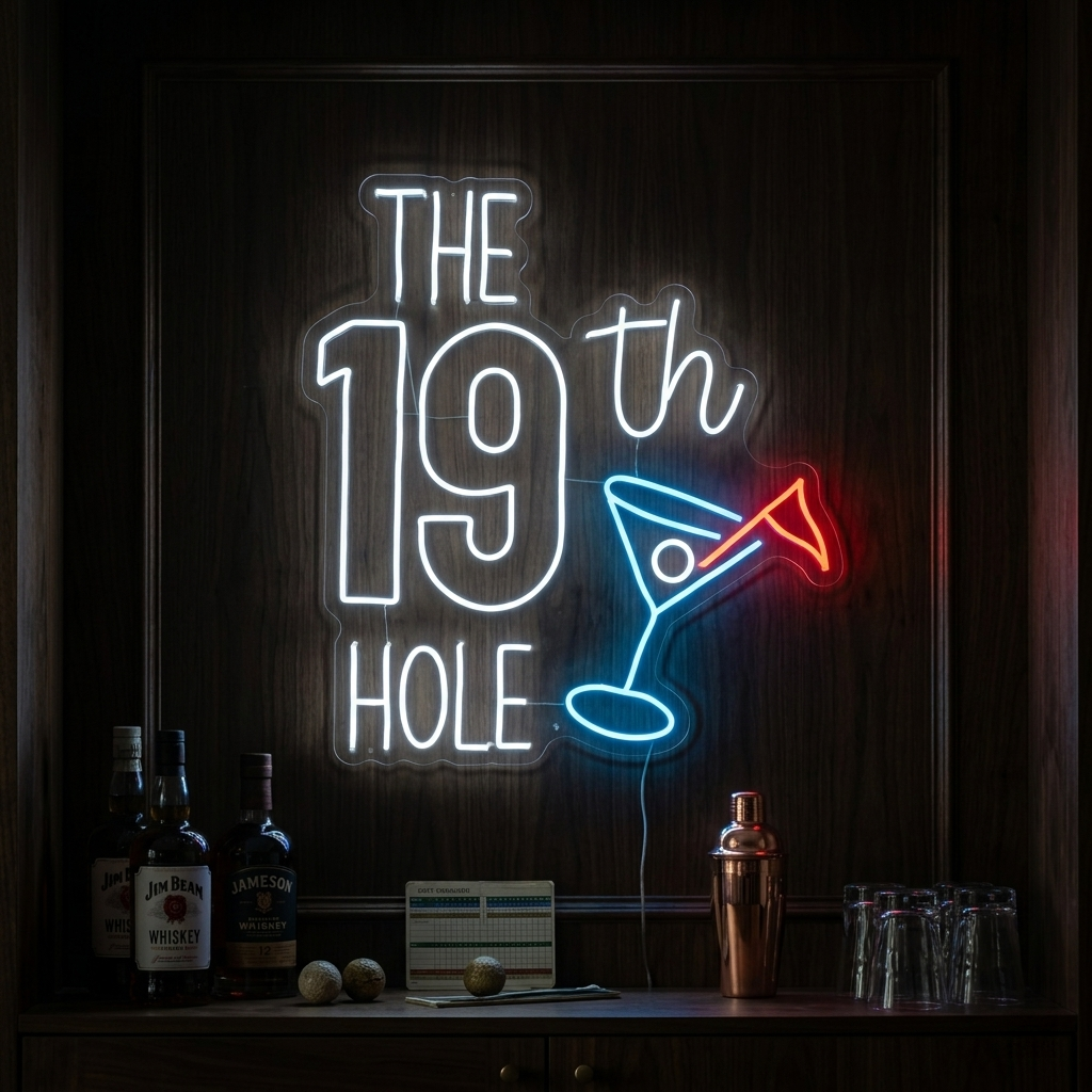 A close-up photograph of 'The 19th Hole Golf' neon sign, fully illuminated with white and green colors, mounted on a clear acrylic background behind a small home bar setting with a golf scorecard.