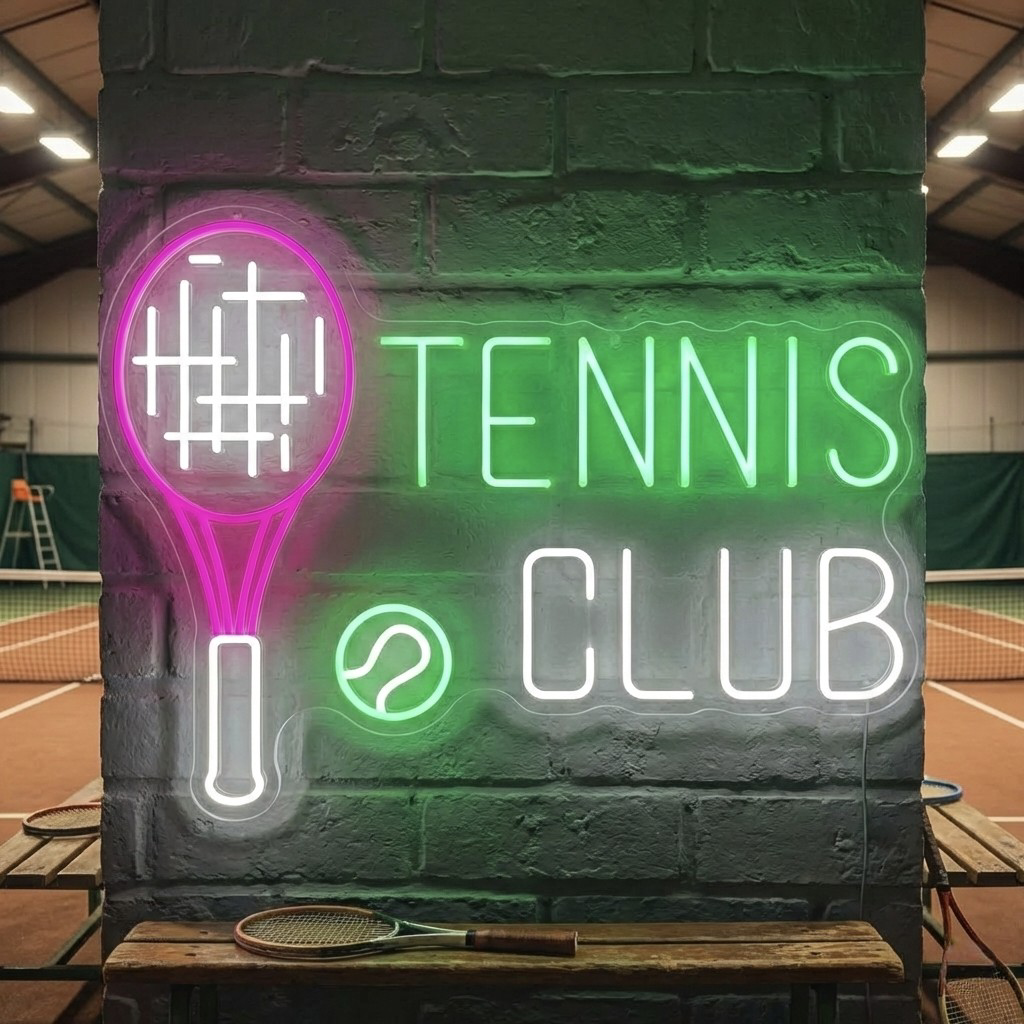 A vibrant 'Tennis Club' neon sign with text and crossed rackets glowing green and white against a cozy lounge background.