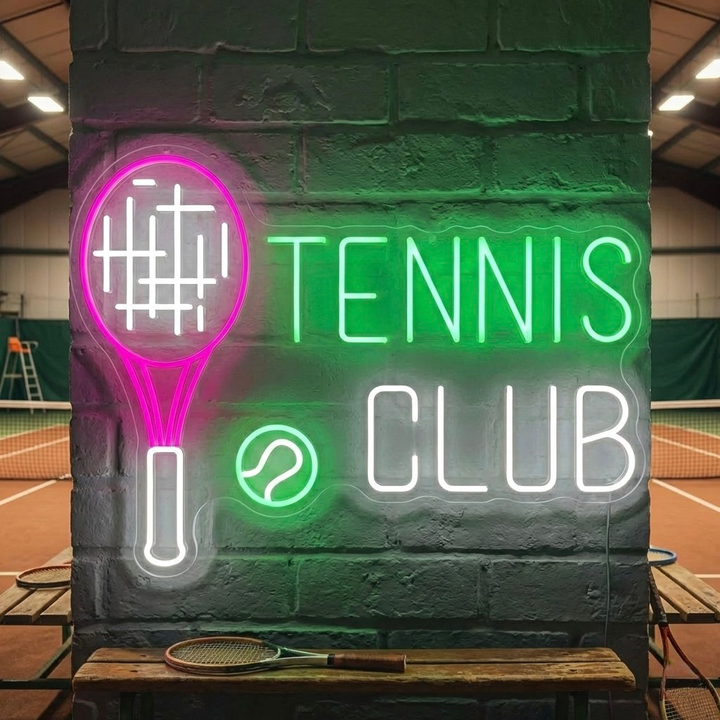 A vibrant 'Tennis Club' neon sign with text and crossed rackets glowing green and white against a cozy lounge background.